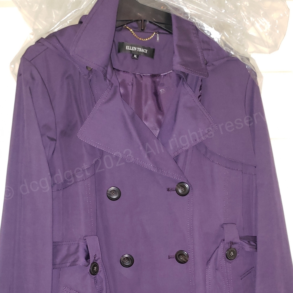 Ellen Tracy Double-Breasted Belted Trench Coat in Eggplant